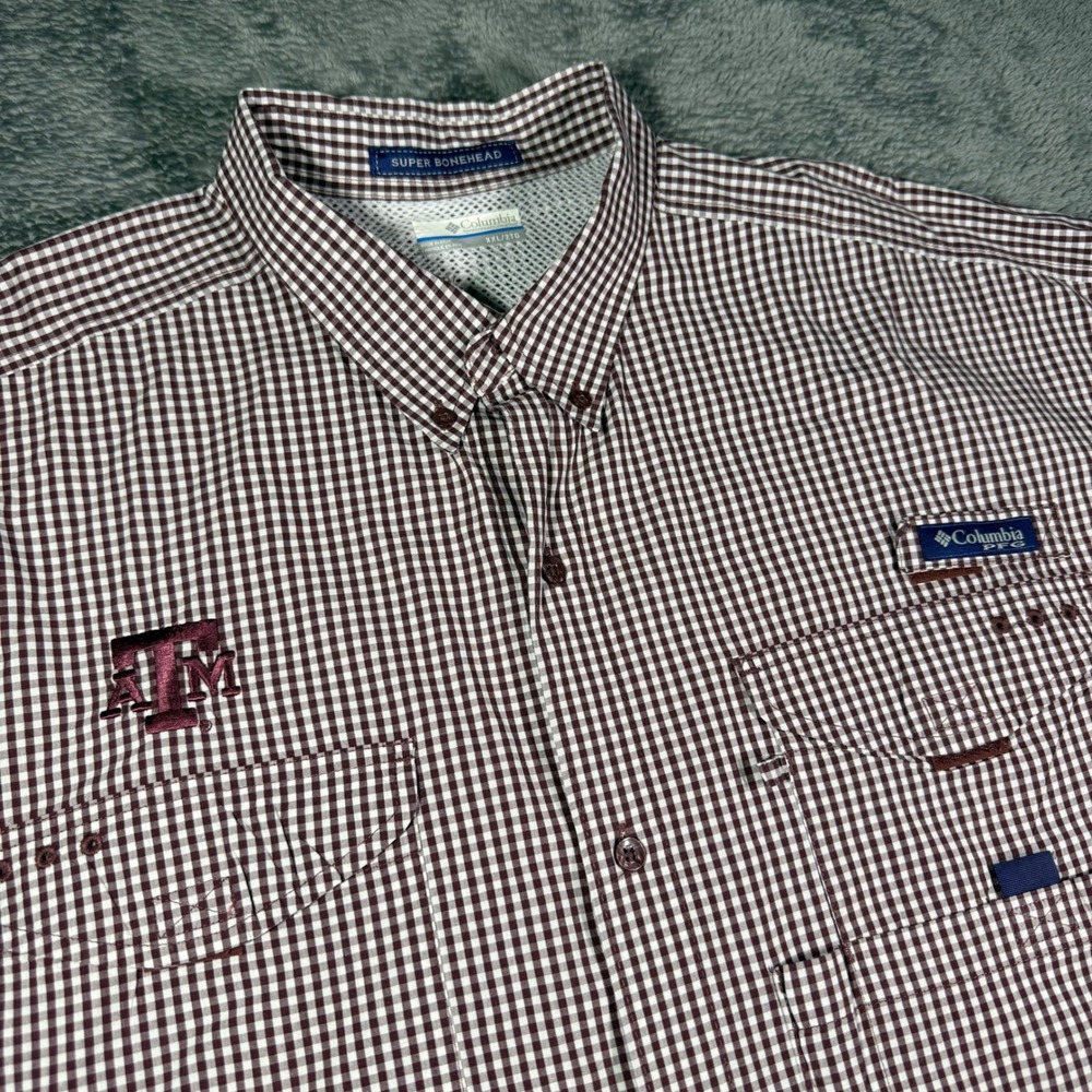 Columbia PFG Super Bonehead‎ Fishing Shirt Texas A&M Mens XXL Gingham Maroon SS